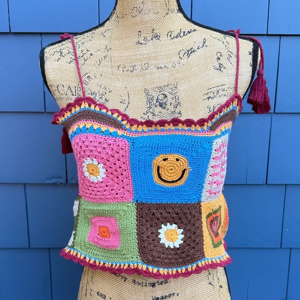 Earthbound Trading Co Vibrant Crochet Patchwork Camisole small medium granny